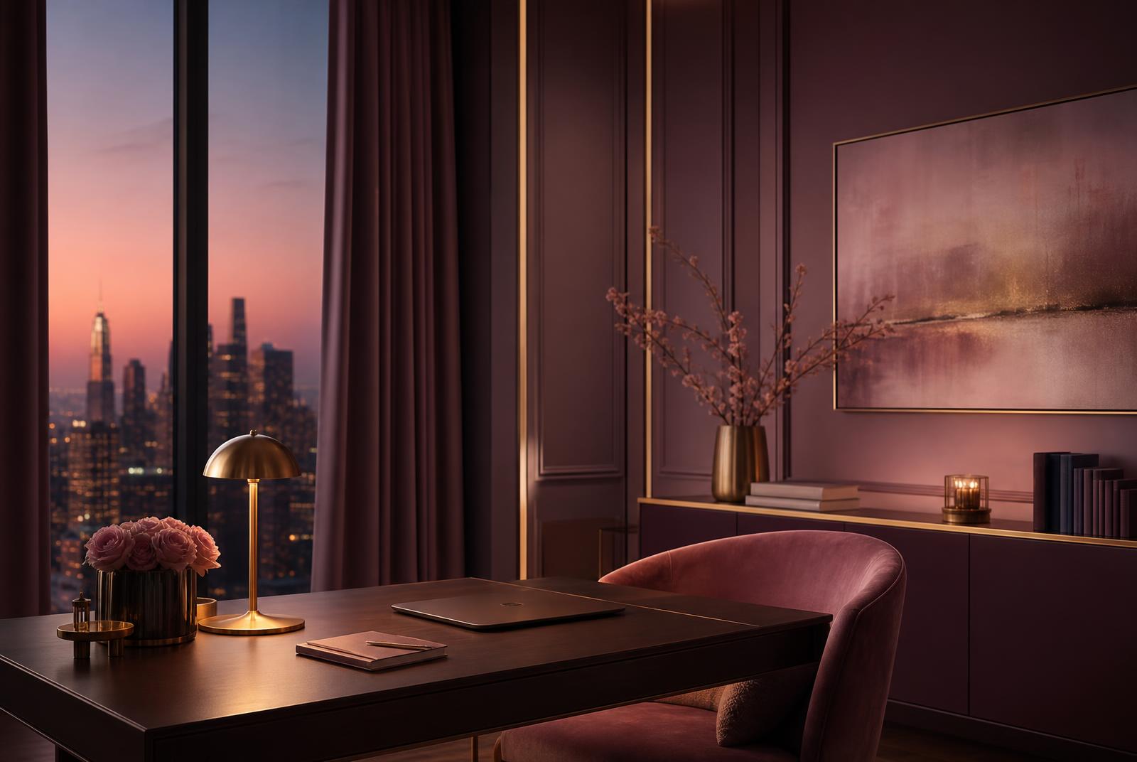 A quiet, low-lit professional consulting office at dusk
