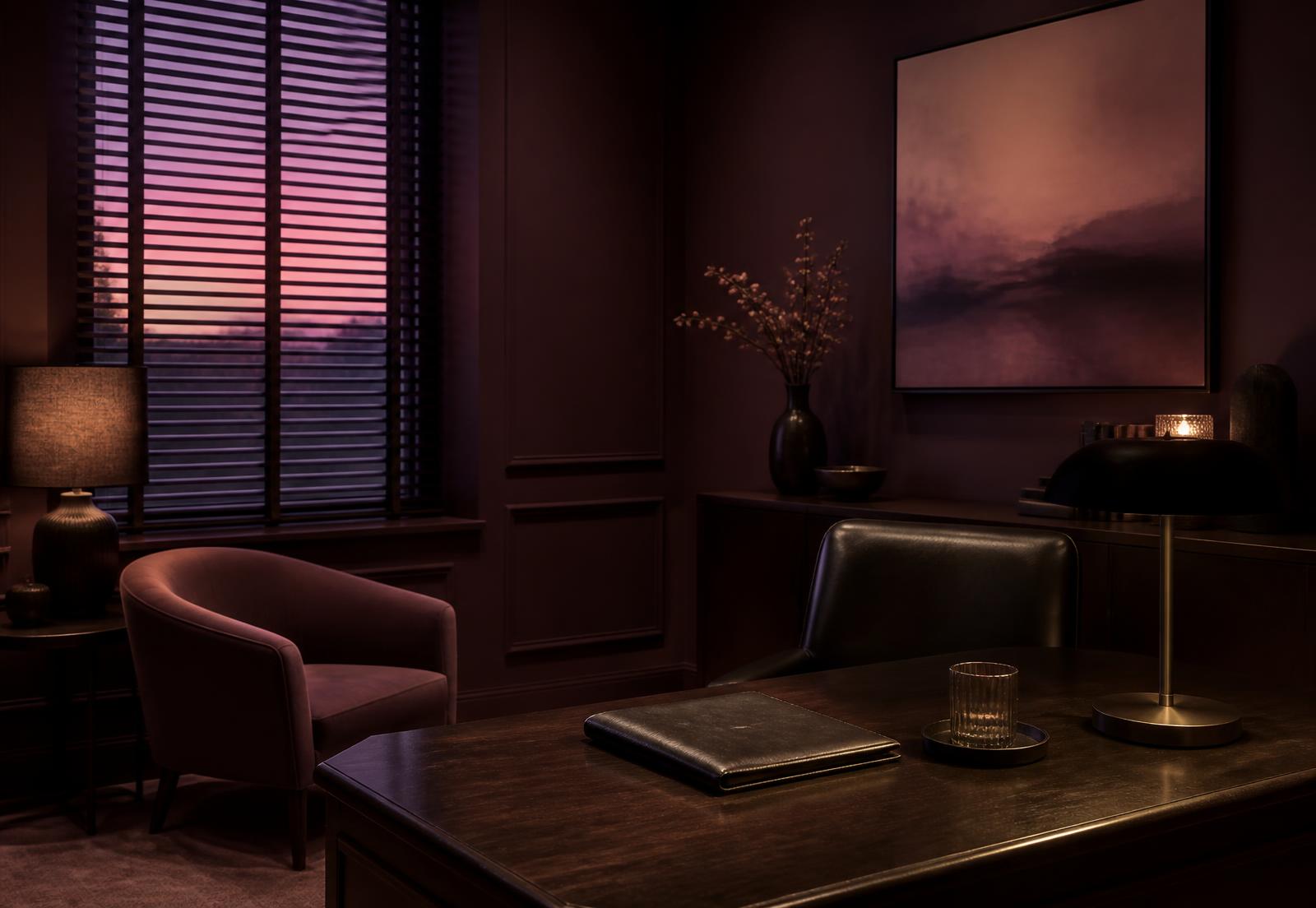 A quiet, low-lit professional consulting office at dusk